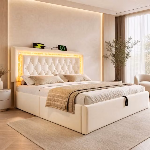 Letto imbottito 160x200 cm in velluto beige con LED integrati, USB e Type-C, contenitore idraulico e rete a doghe (senza materasso)