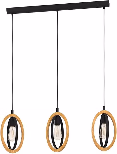 Lampadario Industrial Basildon Eglo a 3 Luci in Metallo Nero e Legno Marrone – 1