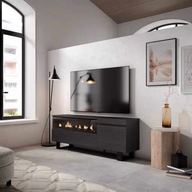 Mobile TV Soggiorno, 150x35x57cm, Per TV fino a 65", Camino elettrico, Design industriale, Nero RF2479