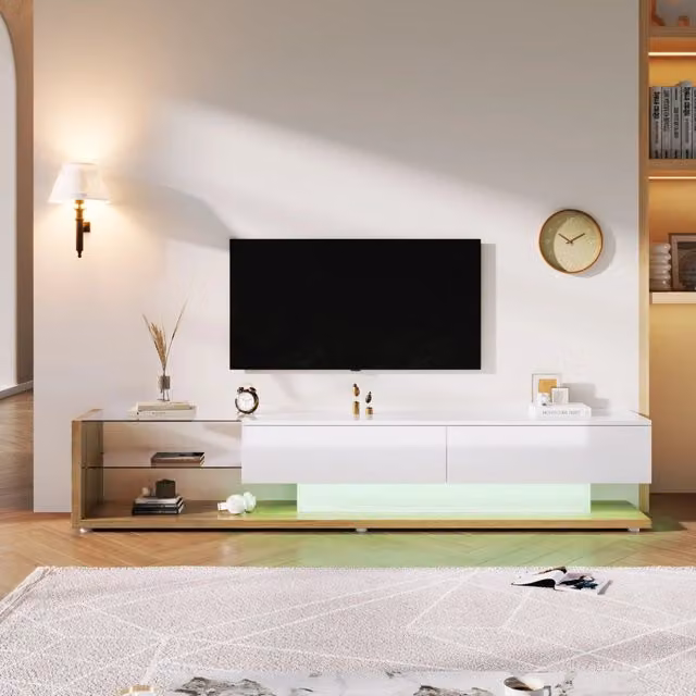 Mobile TV con LED ¨C MINIMAL ¨C Bianco Lucido e Legno, Ante in Vetro