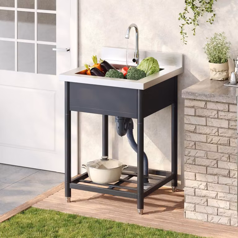 Flieks: lavello da appoggio in acciaio inossidabile con rubinetto, scarico e ripiano; ampio design a vasca singola; dimensioni 60×60 cm; colore: nero e argento