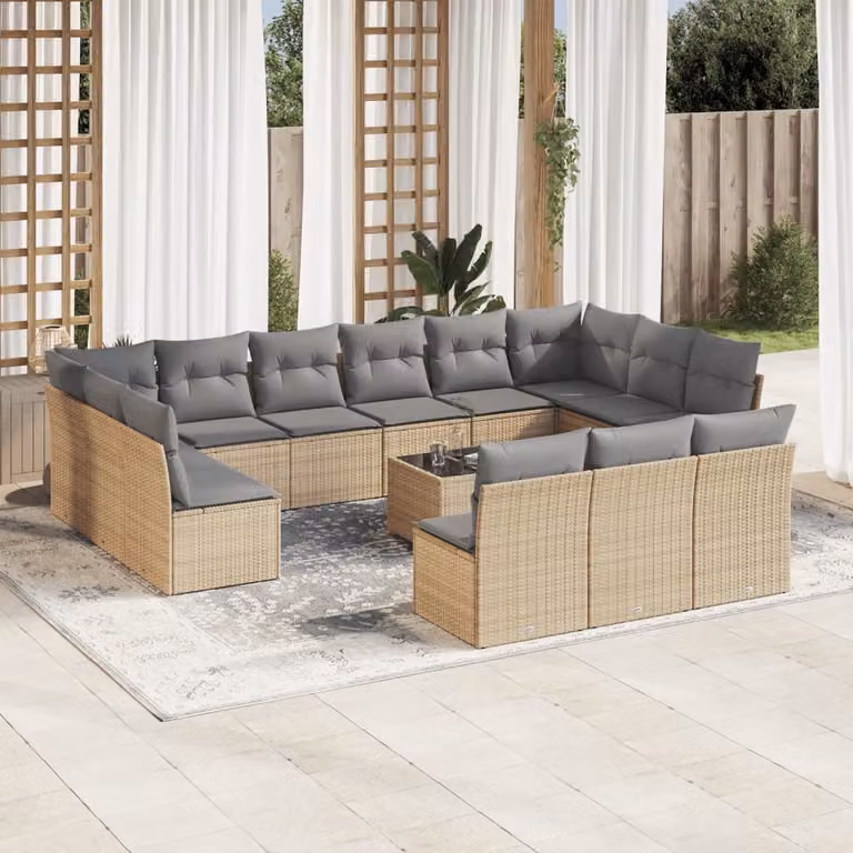 Set di Divani da Giardino vidaXL a Forma di U con Cuscini Beige e Grigio e Tavolino da Esterno in Polyrattan e Metallo
