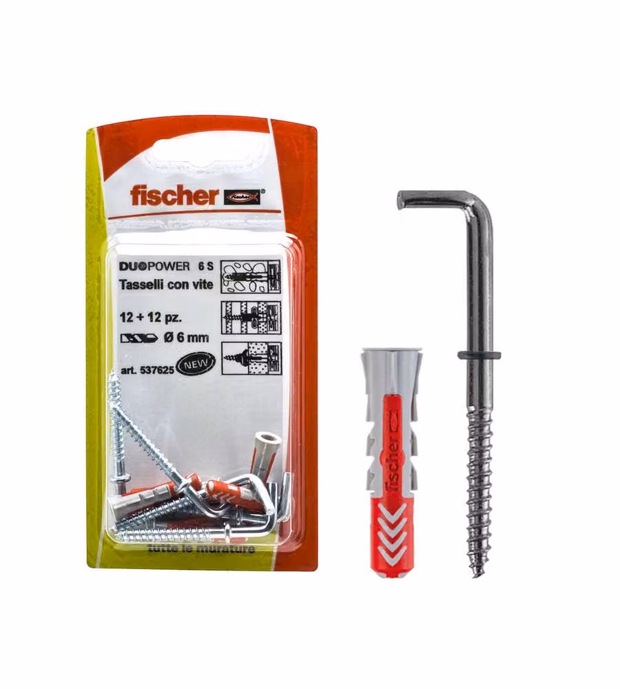 Set di 12 tasselli bimateriale Fischer Duopower 6 C 2 K con gancio medio, colore grigio e rosso – 2