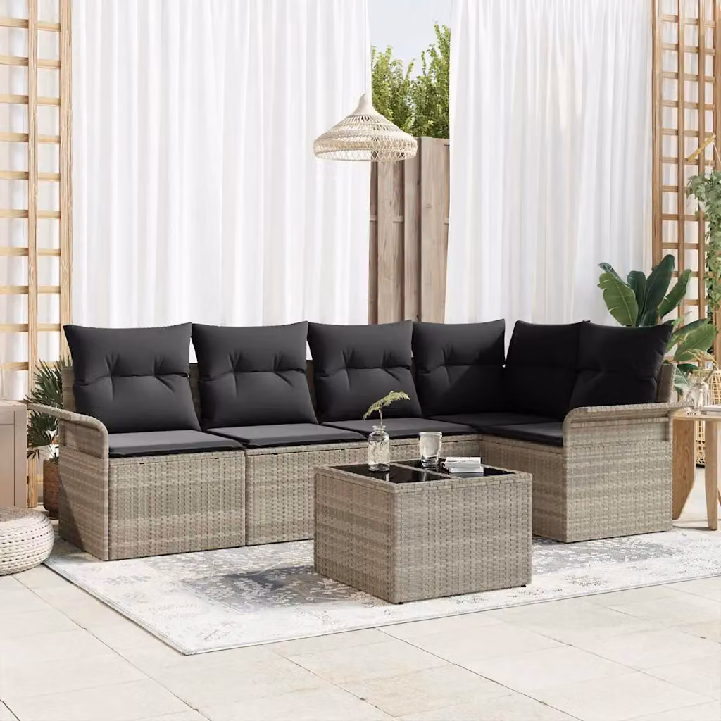 Set Divano da Giardino vidaXL 6 Pezzi a Forma di L Grigio con Cuscini e Tavolino in Polyrattan e Acciaio – 1