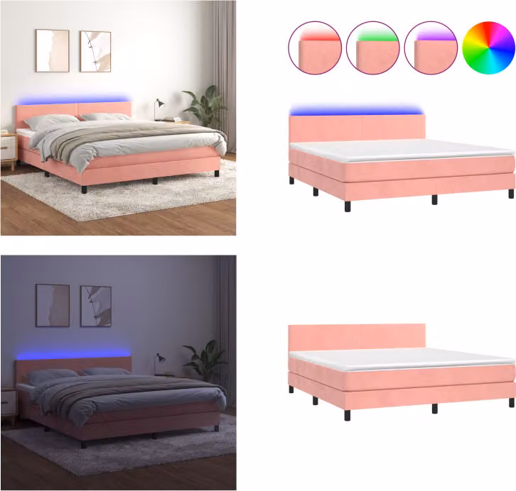 vidaXL Letto a molle con materasso e LED rosa 160x200 cm in velluto - Letto a molle - Letto a molle - Letto - Letti