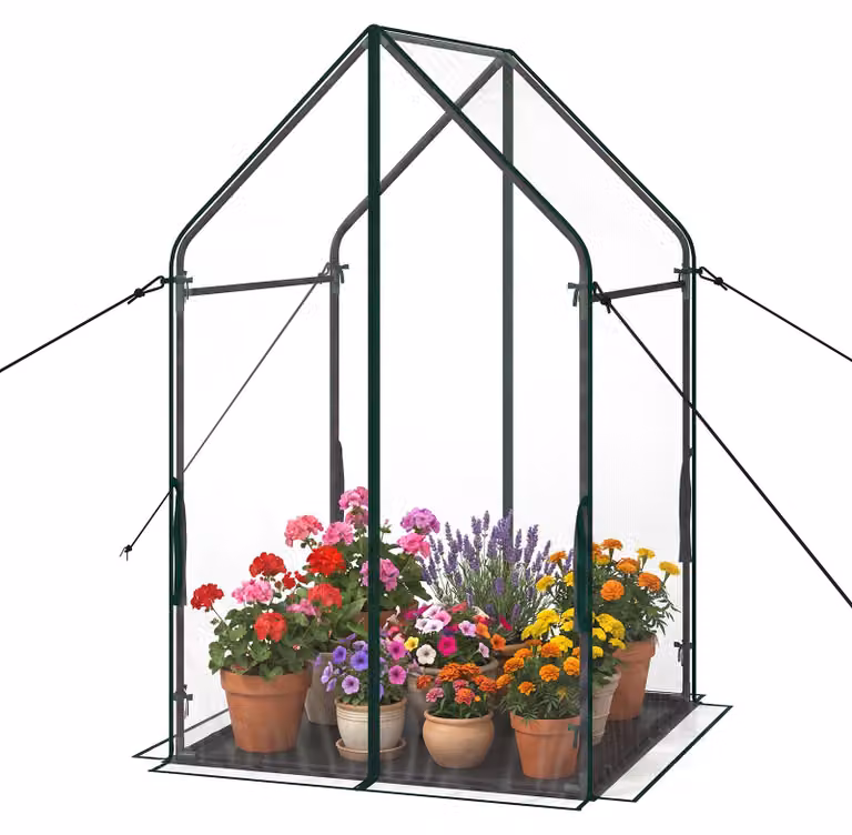 COSTWAY Mini serra con 2 porte a rullo dotate di cerniera, dimensioni 90,5x90,5x152,5 cm, serra in plastica con tappetino di base e copertura, serra da interno