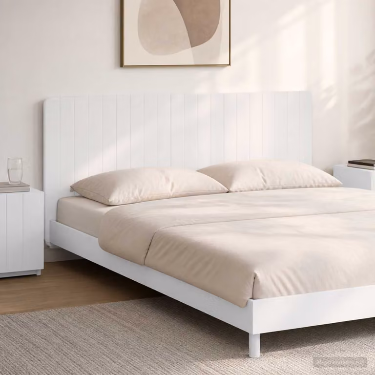 Testiera da muro vidaXL ZWOLLE bianca in legno ingegnerizzato con ripiano integrato e scomparti laterali L: 140 cm, H: 50 cm, P: 12,2 cm