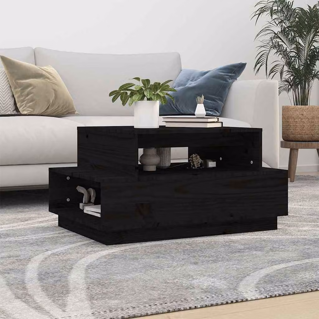 vidaXL Tavolino da Salotto Moderno in Legno Massello di Pino Nero L: 80 cm, P: 55 cm, H: 40,5 cm