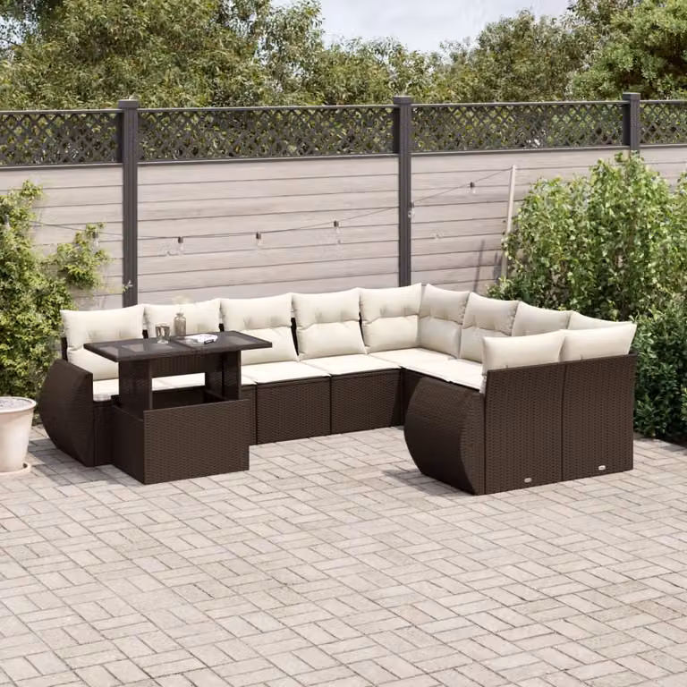 vidaXL Set Divani da Giardino 10pz in Polyrattan Marrone con Cuscini Bianchi e Tavolino