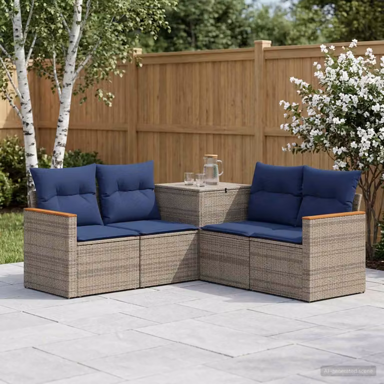 Set di divani da giardino vidaXL a forma di L con poltrona e cuscini, in rattan sintetico e metallo, colori grigio e blu
