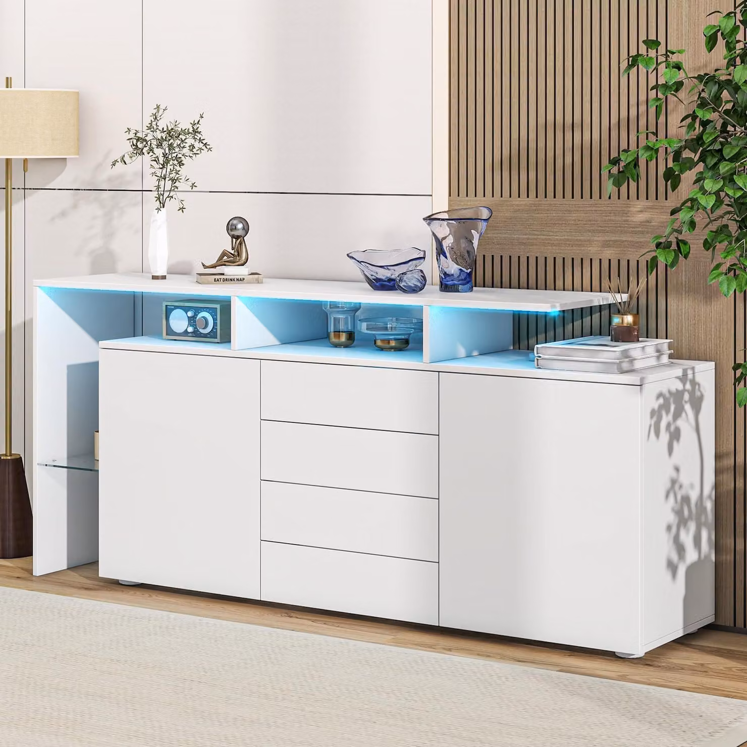 Credenza Merax lucida con illuminazione a LED, cassettiera a 2 ante e 4 cassetti, mobile da soggiorno con vano in vetro, mobile multiuso, bianco