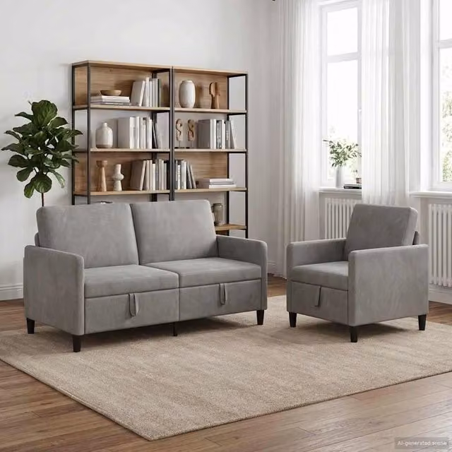 Set di 2 divani moderni vidaXL con contenitore a sollevamento, rivestimento in tessuto grigio e coperture rimovibili per il tuo soggiorno – 1