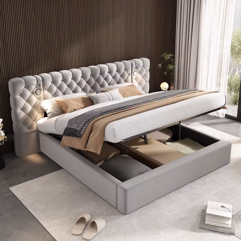 letto imbottito okwish, letto idraulico, 160 x 200 cm, letto contenitore, letto matrimoniale, illuminazione LED, testata larga e morbida, con lampada con illuminazione e vano contenitore, rete a doghe in legno, velluto, grigio, senza materasso