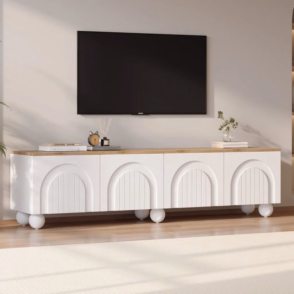 Cassettiera TV KOMHTOM in MDF e metallo, design minimalista, colore bianco e rovere, L: 180 cm, P: 40 cm, H: 45 cm – 2