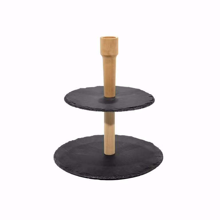 Alzatina Gusto Casa in legno di faggio con 2 ripiani in ardesia marrone, H 28 cm x Diametro 25 cm