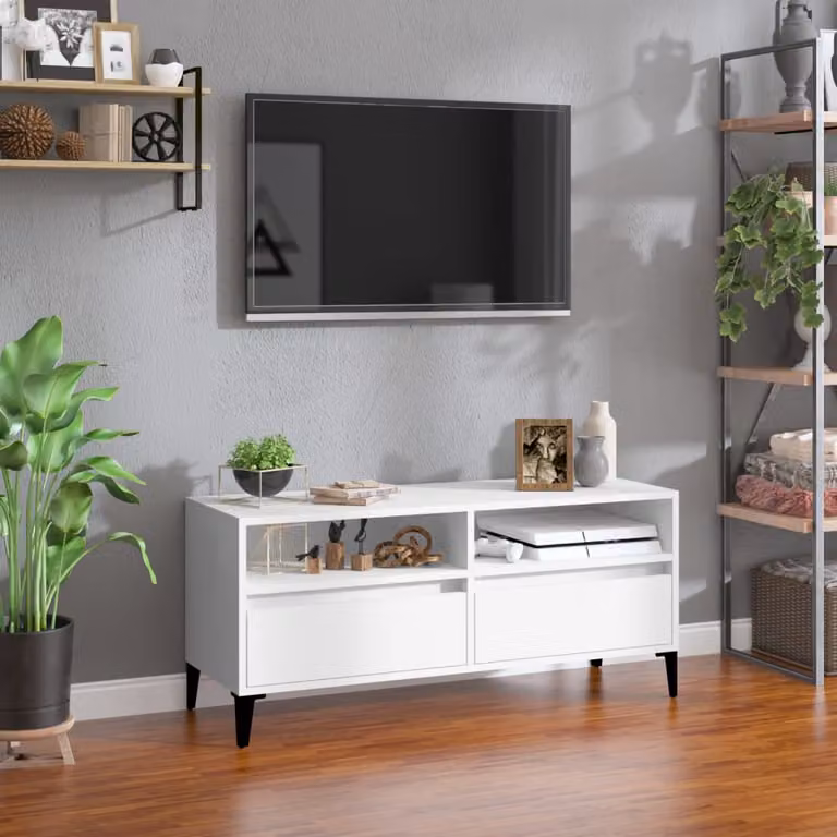 vidaXL Mobile Porta TV Bianco in Legno e Metallo con Ruote L: 100 cm, P: 34,5 cm, H: 44,5 cm