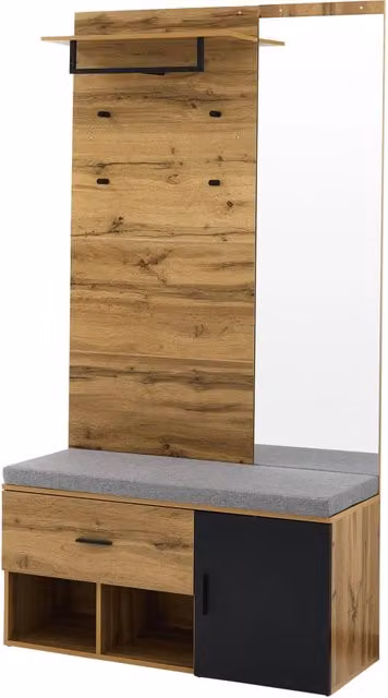 Set da ingresso con specchio; panca imbottita 104 cm; scarpiera con cerniere idrauliche; cassetto e ganci; truciolato; effetto rovere