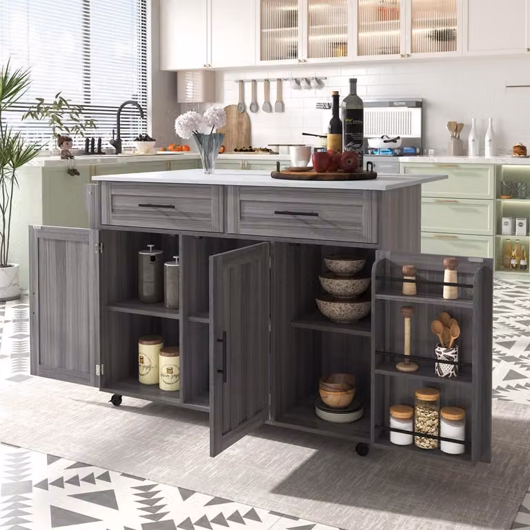 Isola da cucina autoportante con piano di lavoro pieghevole, 5 ruote, 3 ante, 2 cassetti, ripiano, colore grigio