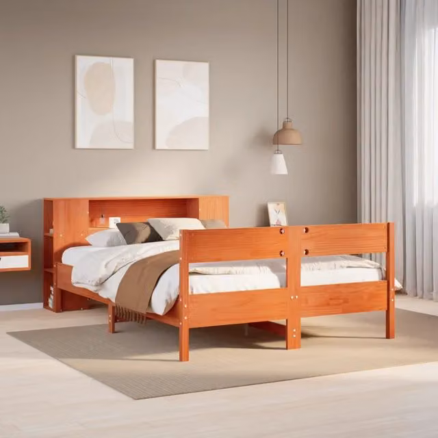 Letto Libreria vidaXL in Legno di Pino Massiccio Marrone Cera con Ripiani Laterali L/P/H: 229.5 x 146.0 x 82.0 cm