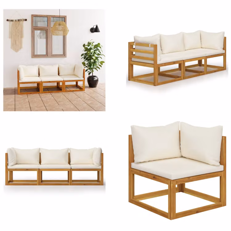 vidaXL Divano da giardino a 3 posti con cuscino in legno massiccio di acacia crema - Divano da giardino - Divani da giardino in legno - Divani da giardino in legno