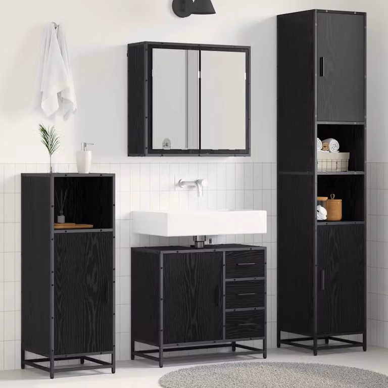 Set di mobili per il bagno vidaXL 3 pezzi in rovere e nero con mobileto specchiato e base lavabo