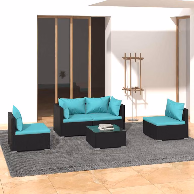 Set Divani da Giardino vidaXL 5 Pezzi con Cuscini Blu e Tavolino da Esterno in Polyrattan e Acciaio Nero