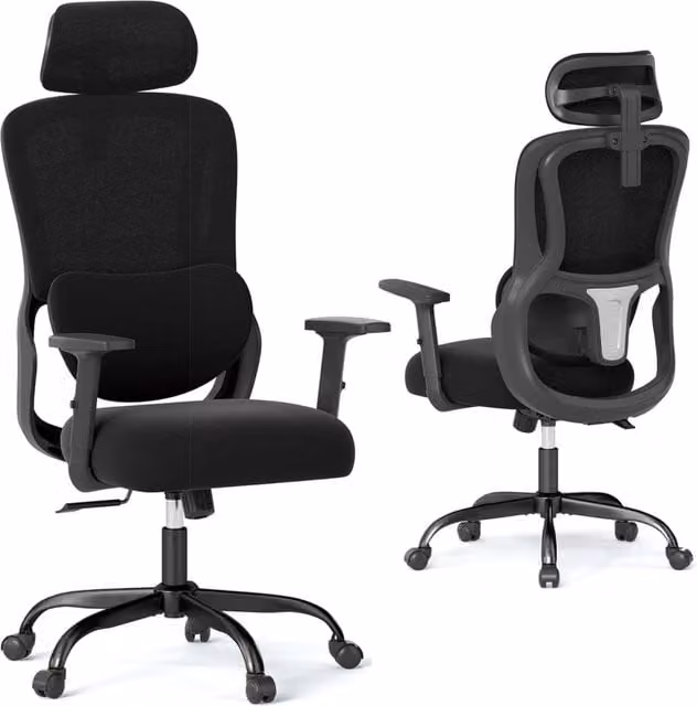 Sedia da Ufficio Ergonomica Costway Nera con Poggiatesta e Braccioli, Sedia da Scrivania Girevole Regolabile in Tessuto per Casa e Studio – 1
