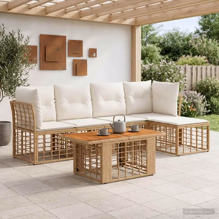 Set Divano da Giardino vidaXL 6 Pezzi in Polyrattan con Cuscini, Colore Naturale e Bianco Crema