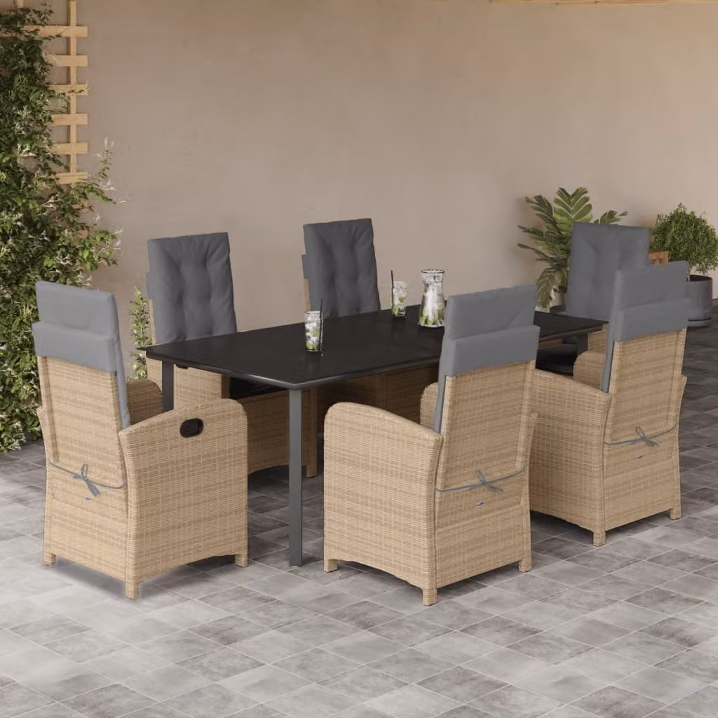 Set Pranzo da Giardino vidaXL in Polyrattan con Cuscini Beige e Piano in Vetro, 7 Pezzi – 1