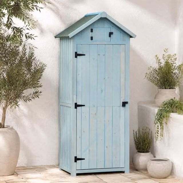 Armadio da giardino in legno con 3 ripiani rimovibili e finestra apribile; azzurro; 77 x 54;2 x 179 cm