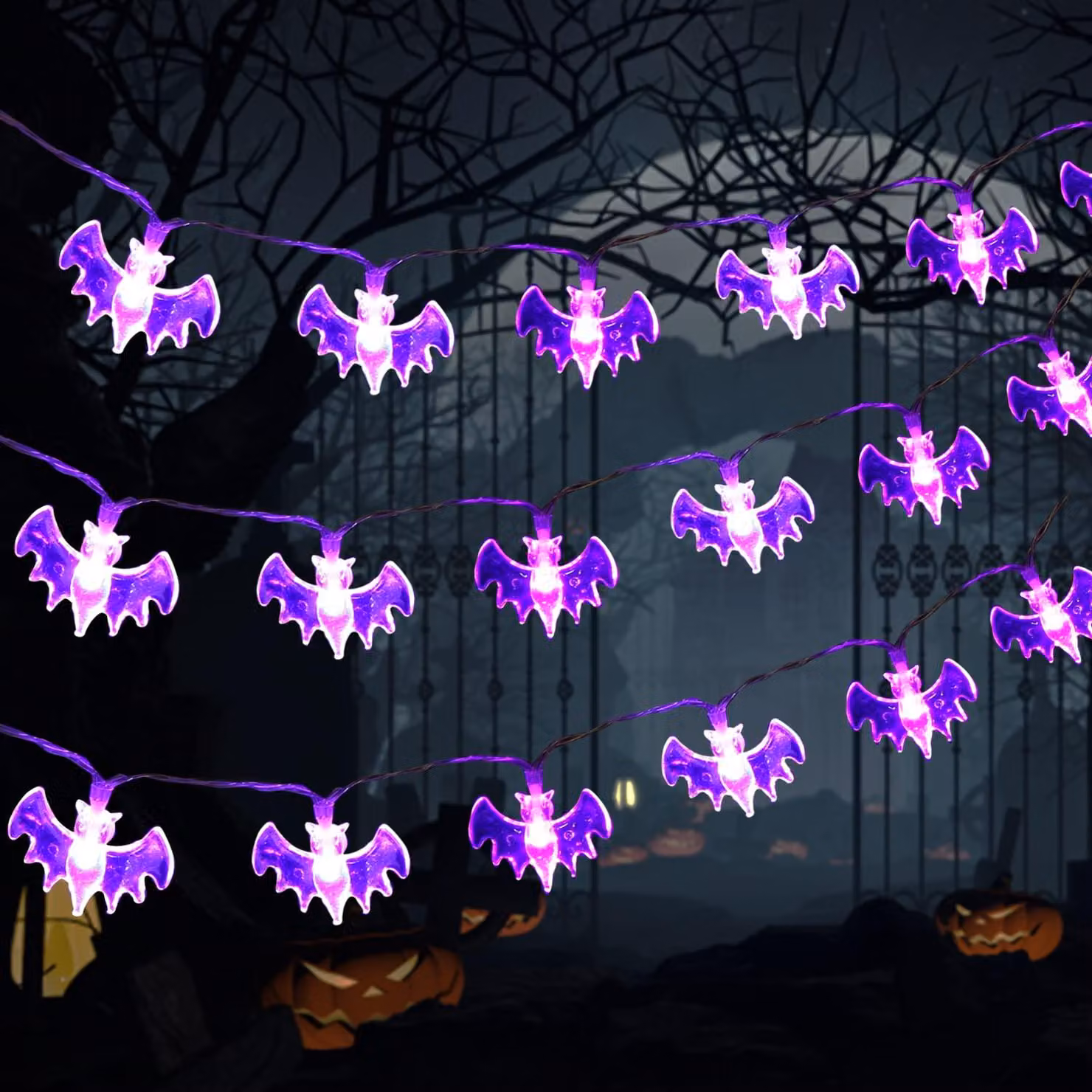 Catena luminosa a forma di pipistrello, 20 LED, color viola, 3 metri, 2 modalità, alimentata a batteria