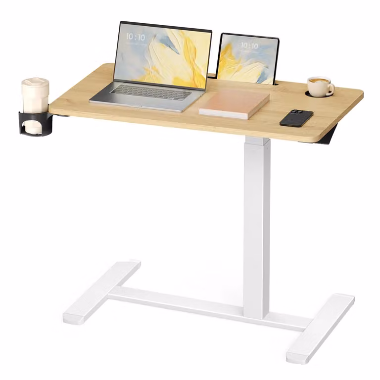 Scrivania con ruote piano regolabile portabicchieri e slot integrato, 80 x 45 cm / Rovere-Bianco