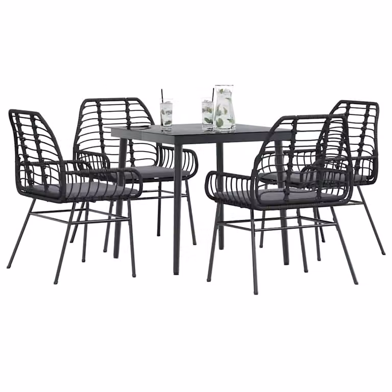 Set da pranzo da giardino vidaXL in polyrattan con tavolo in vetro e 5 cuscini, grigio e nero