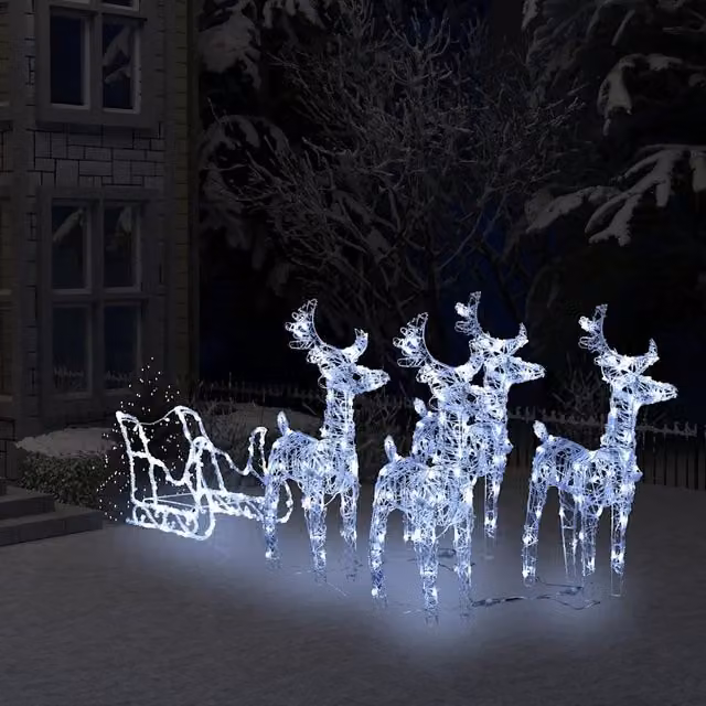 Decorazione Natalizia con Renne e Slitta vidaXL, Colore Bianco con Luci LED, L: 280 cm, P: 28 cm, H: 55 cm