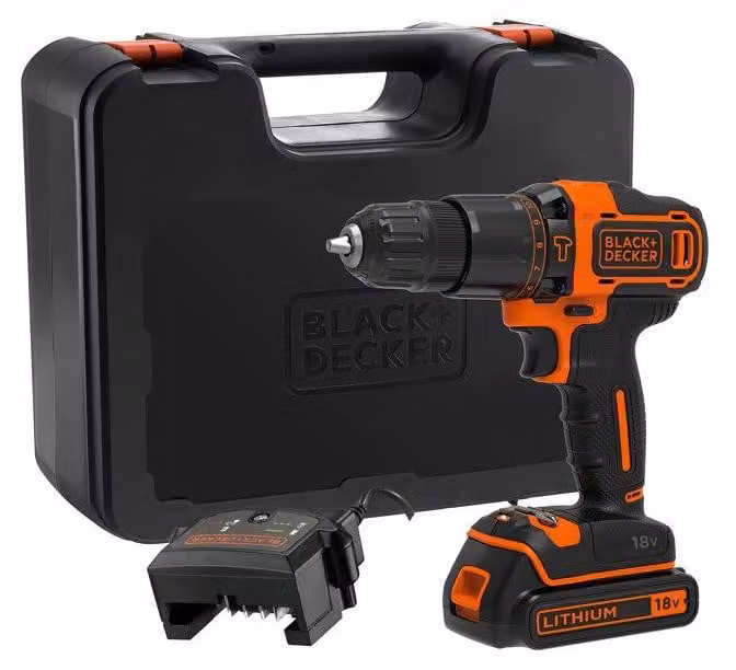 Trapano avvitatore a percussione cordless BLACK + DECKER BDCHD18K, 18V, batteria Li-ion da 1,5 Ah. Include caricabatterie e custodia