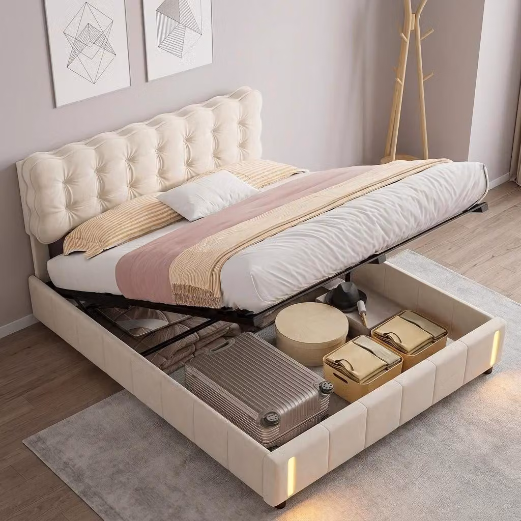 Letto matrimoniale imbottito - 160 x 200 cm - Contenitore a sollevamento idraulico - Testiera - Rivestimento in velluto - Stile moderno e minimalista - Beige