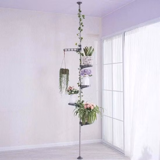Polo altalabile a 5 livelli per piante in vaso, telescopico, con gancio, corda e maniglia, supporto per fiori e decorazioni, da soffitto a pavimento, spaziale, grigio