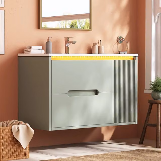 Desviae Mobile sottolavabo sospeso con lavabo in ceramica, LED con app, cassetti e ripiani regolabili verde 81 × 47 × 51 cm