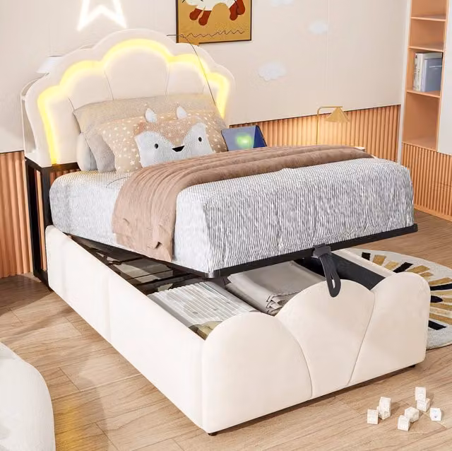Letto imbottito MODFU in velluto beige con contenitore idraulico, illuminazione LED e prese USB, L/P: 90 x 200 cm