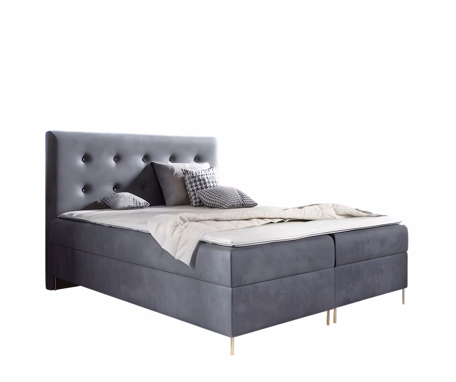 Letto a contenitore GUTTO modello LOUI, dimensioni 180 x 200 cm, con 2 contenitori integrati, materasso topper da 5 cm, rivestimento in velluto grigio, gambe dorate