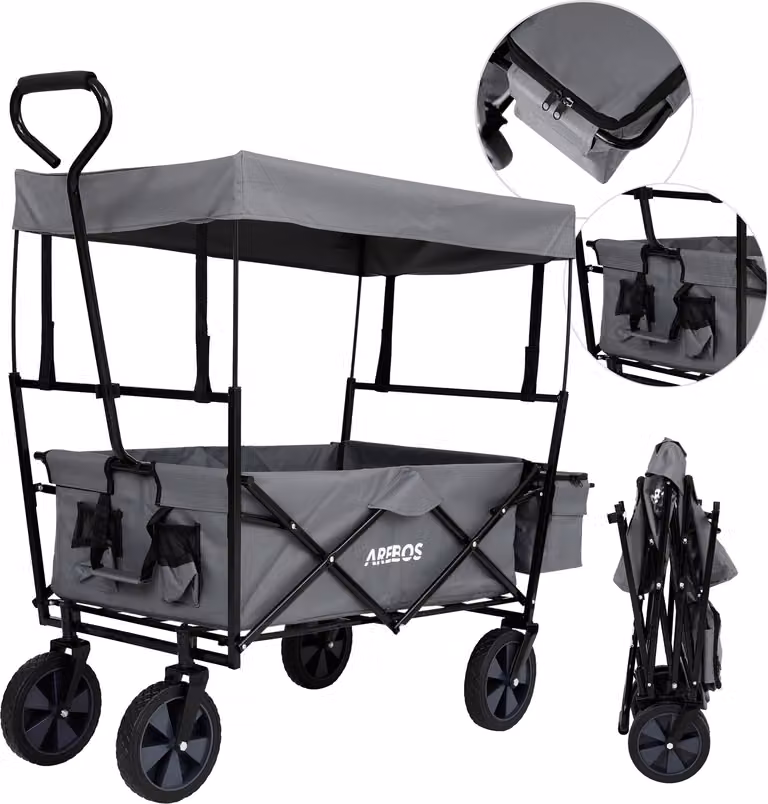 AREBOS Carrello pieghevole con tetto Grigio | con rete e tasche esterne