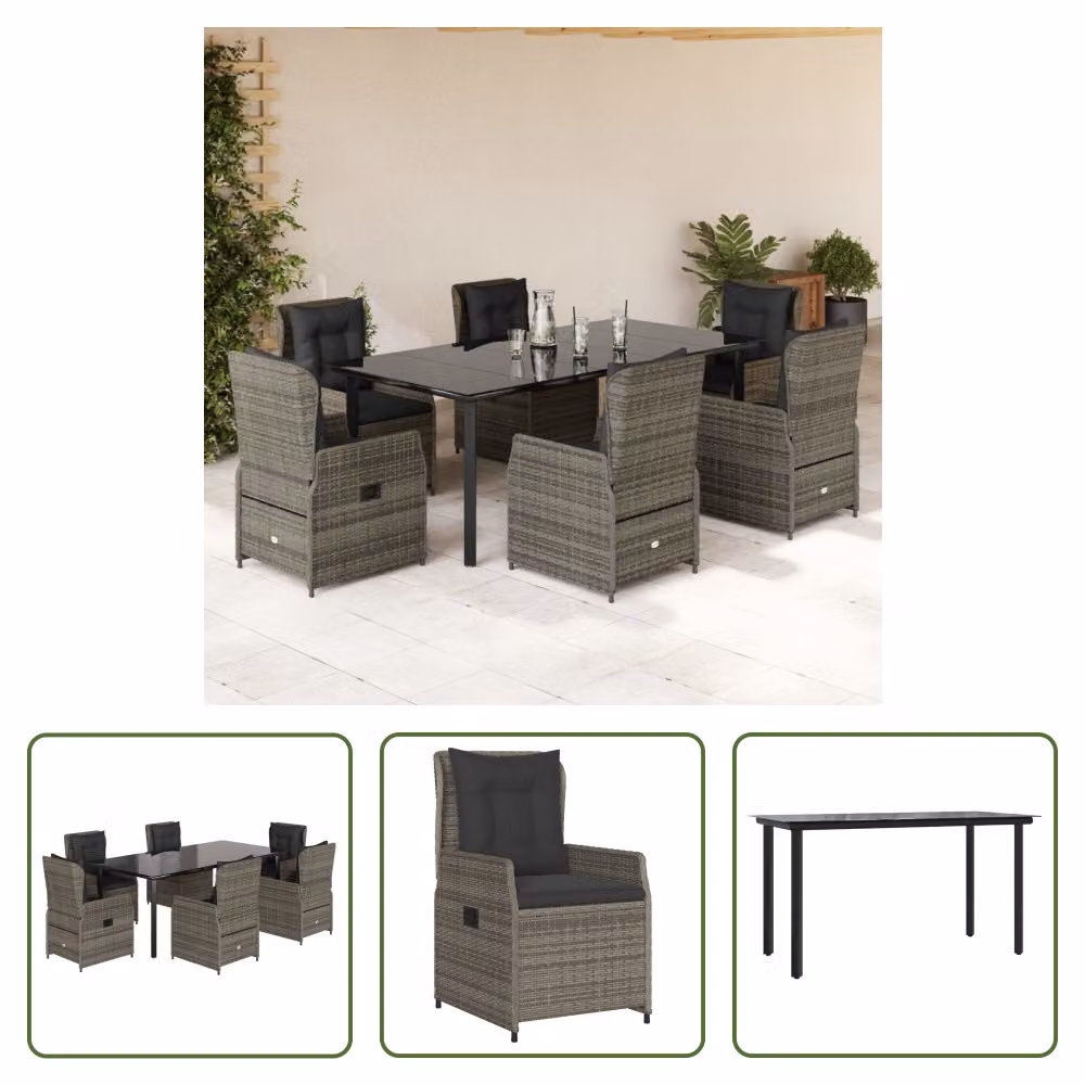 The Living Store Set da pranzo da giardino 7 pezzi con cuscini in poly rattan grigio