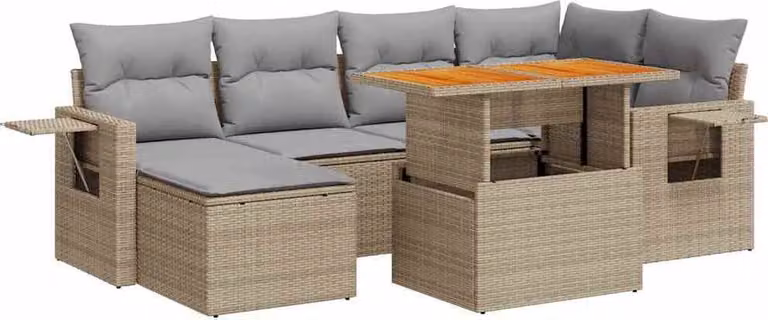Set Divani da Giardino 7 pz con Cuscini Beige in Polyrattan
