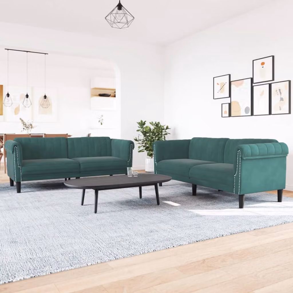 Set di 2 divani moderni vidaXL in velluto verde con struttura in legno massiccio e cuscini inclusi