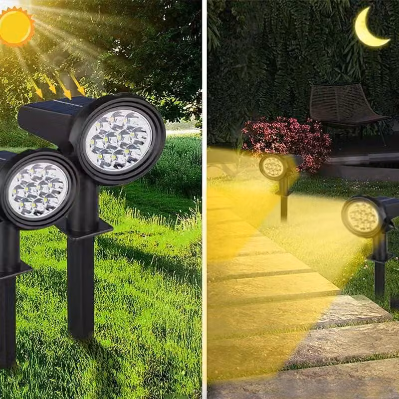 Confezione da 2 faretti solari a LED, luce calda, 3 modalità, con picchetto da terra