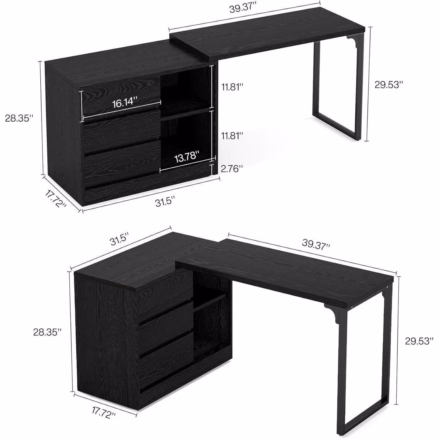 Scrivania a forma di L con cassetti, scrivania angolare reversibile con mobile contenitore, design moderno, colore nero