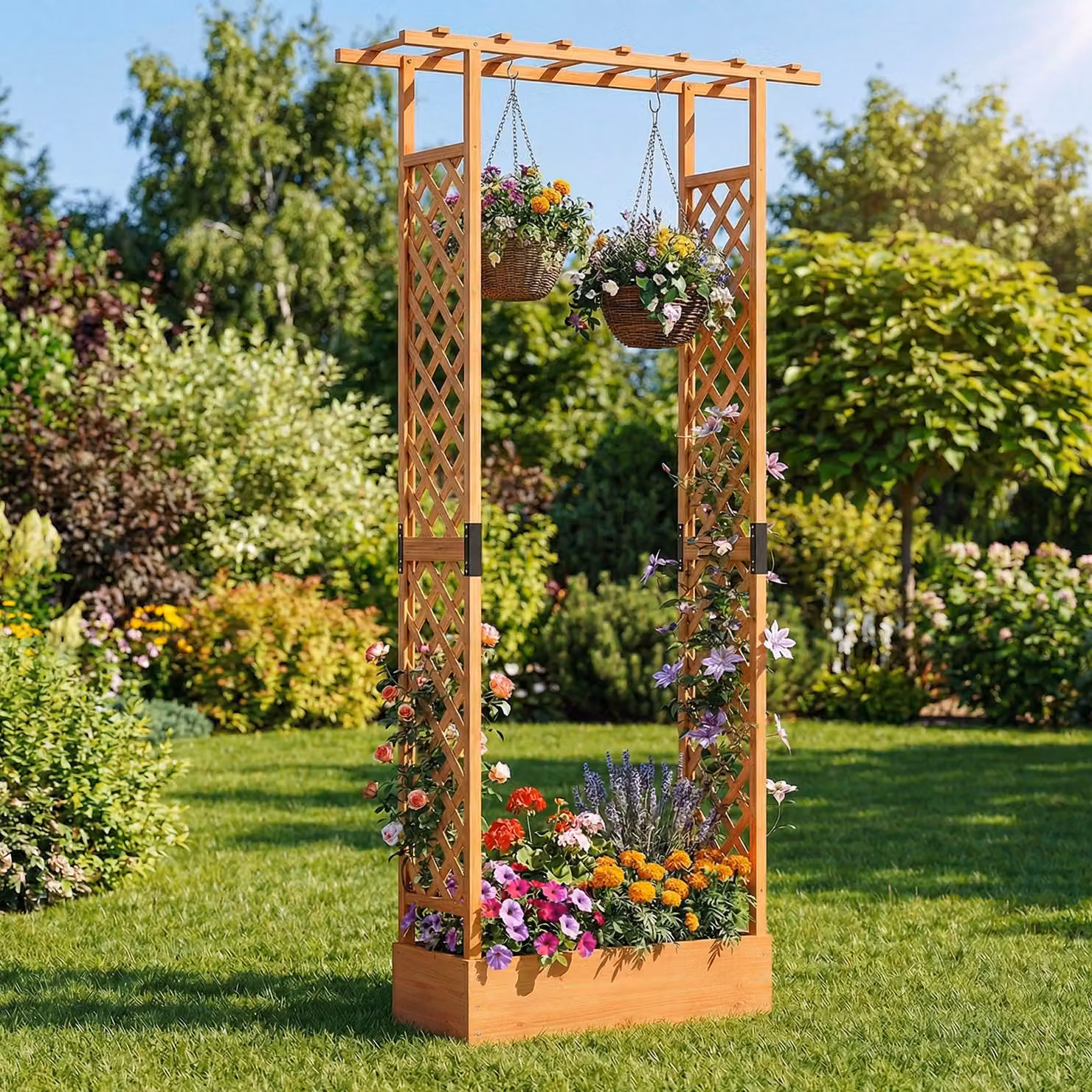 Costway Letto da giardino rialzato in legno di abete con traliccio e drenaggio integrato, Portapianta arancione per interni ed esterni