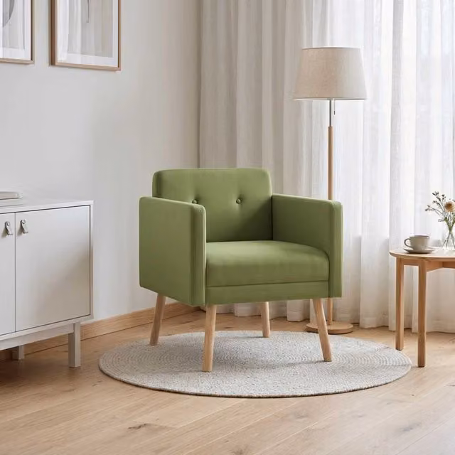Poltrona moderna vidaXL in velluto verde con braccioli e struttura in legno – 1