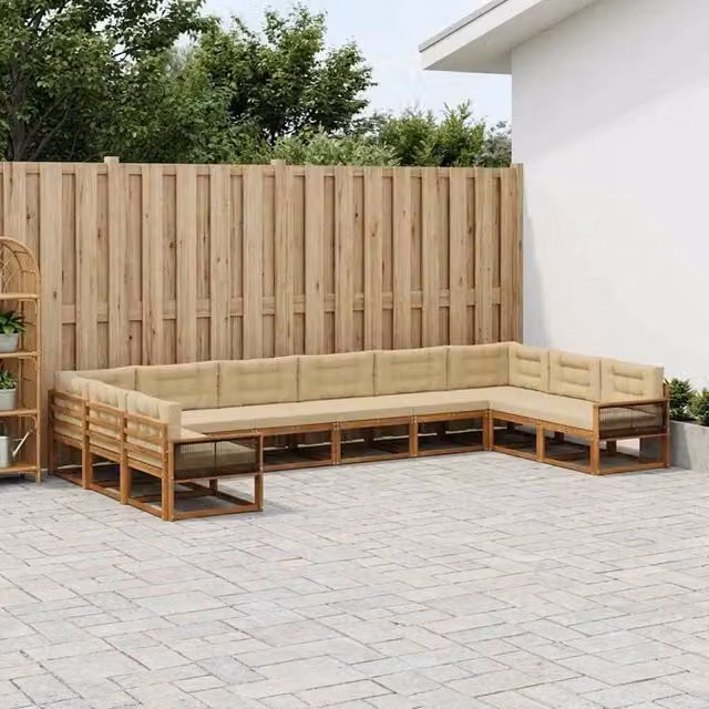 Set di divani da esterno a forma di U vidaXL in legno di acacia con cuscini beige e sabbia