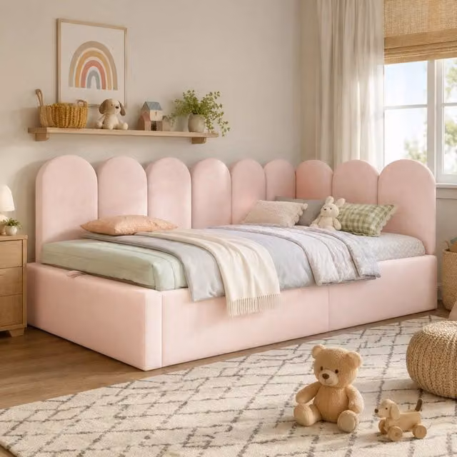 Letto da giorno imbottito in tessuto velvet rosa con contenitore idraulico e design moderno per cameretta o camera da letto L/P/H: 190 x 90 x 76 cm